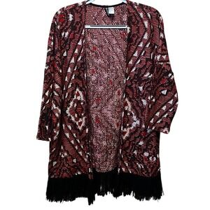 HM Divided Women Red Black Geometric Fringe Open Front Cardigan Sweater L